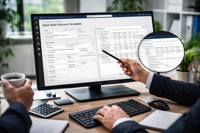 An abstract image showing a bank payment file being generated from a computer.