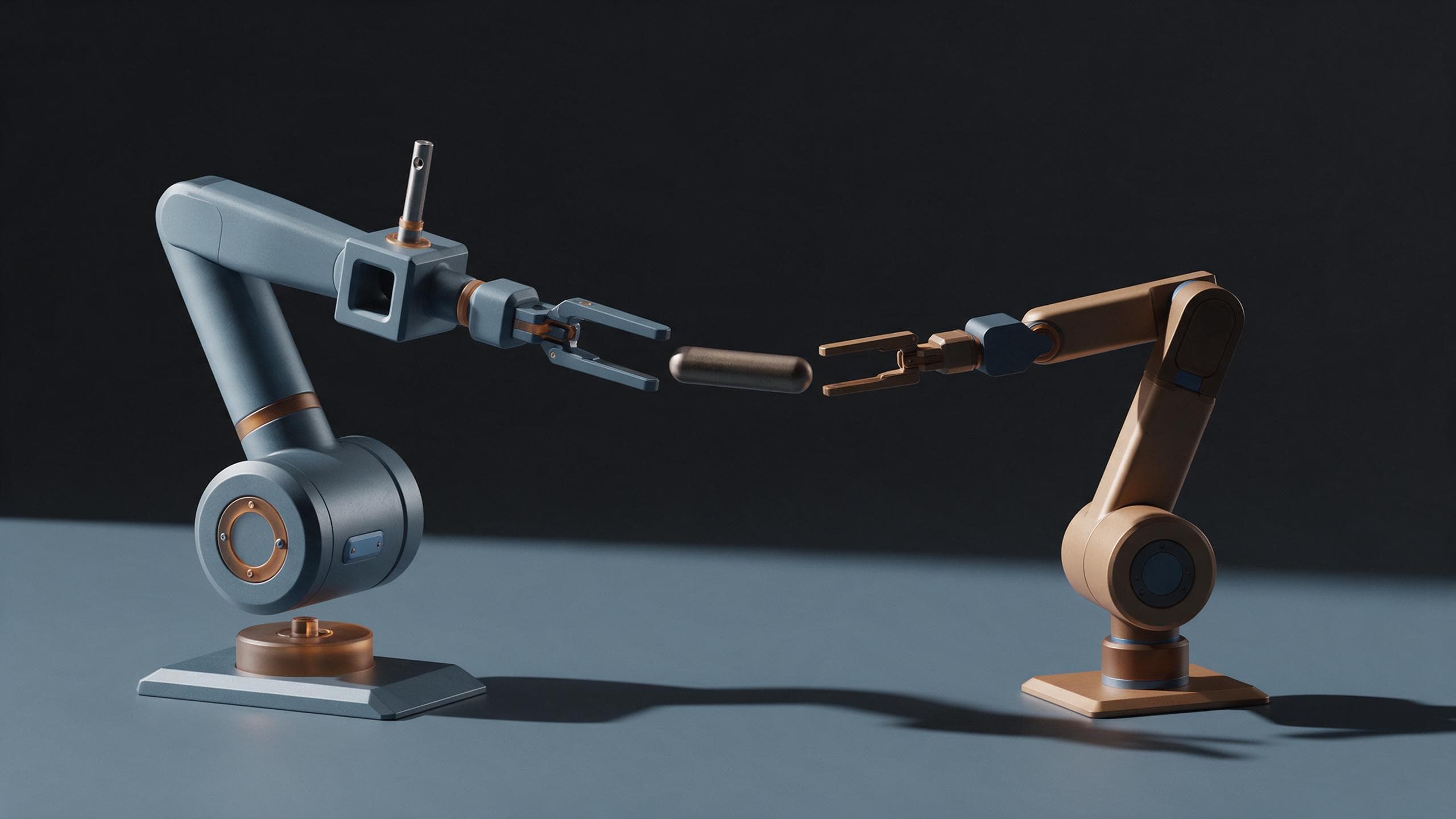 Two robotic arms mid-handoff of a glowing capsule-shaped object, which hangs unlit and shadowed in the narrow gap between their grippers
