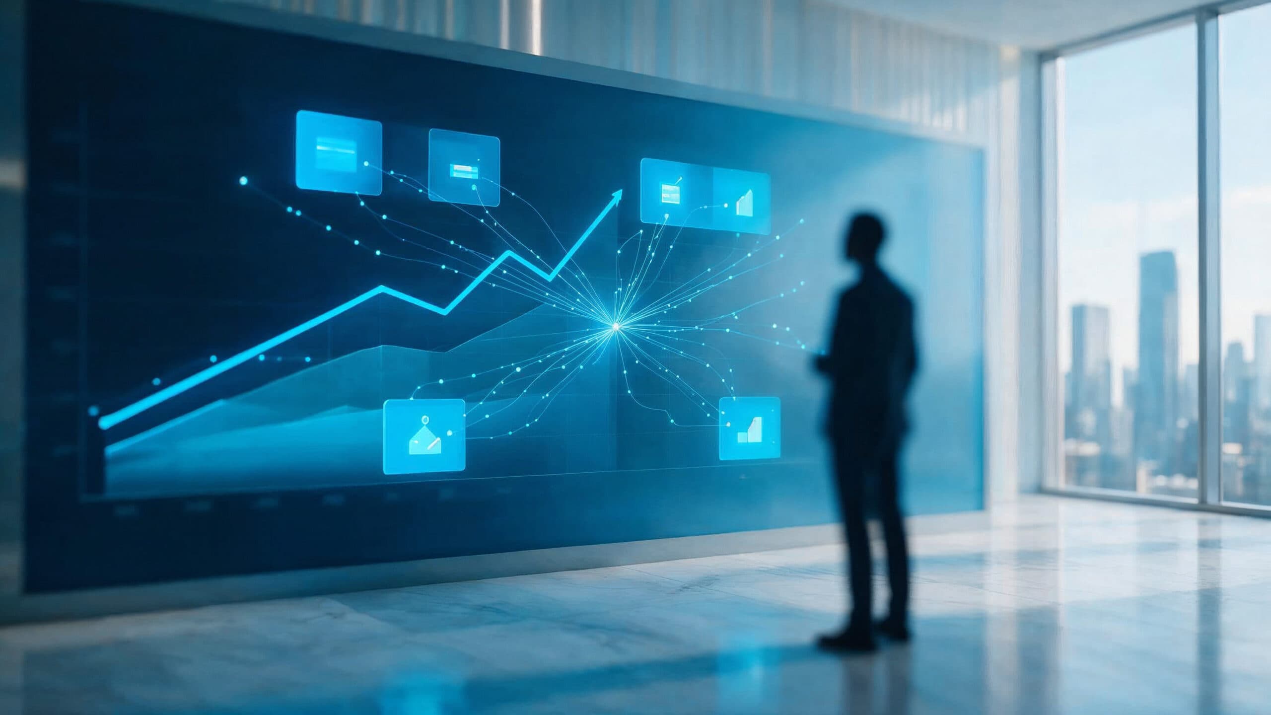 Analytics dashboard visualizing the full business value of an Agentic ERP investment, with an upward performance trend and connected data nodes