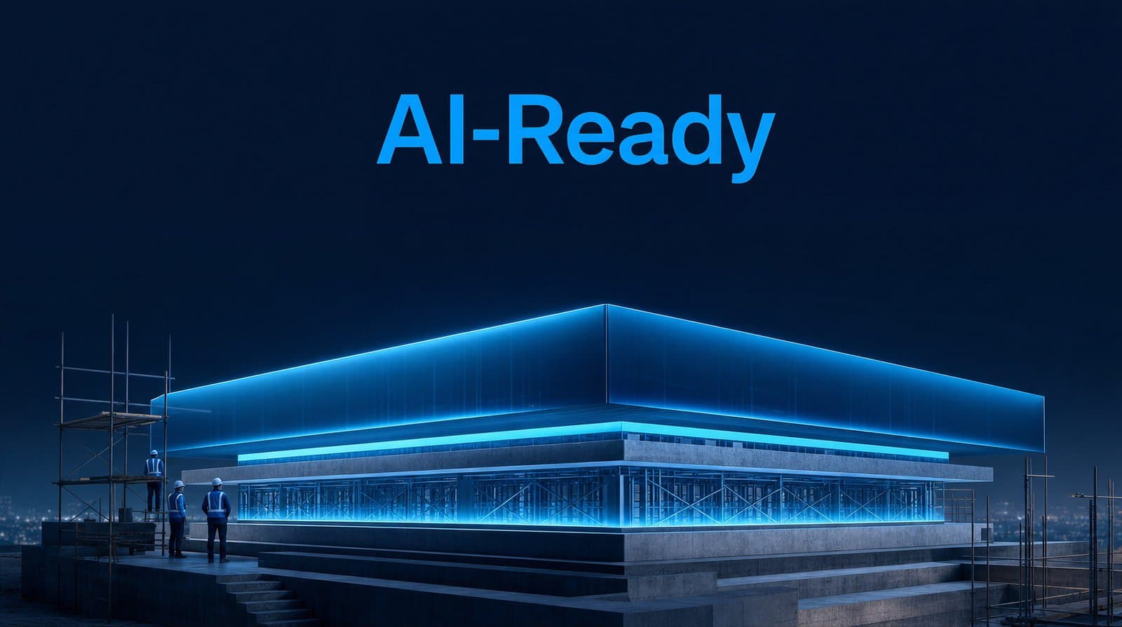 Editorial illustration of a Dynamics 365 platform rising on a freshly constructed foundation, symbolizing AI readiness built during migration