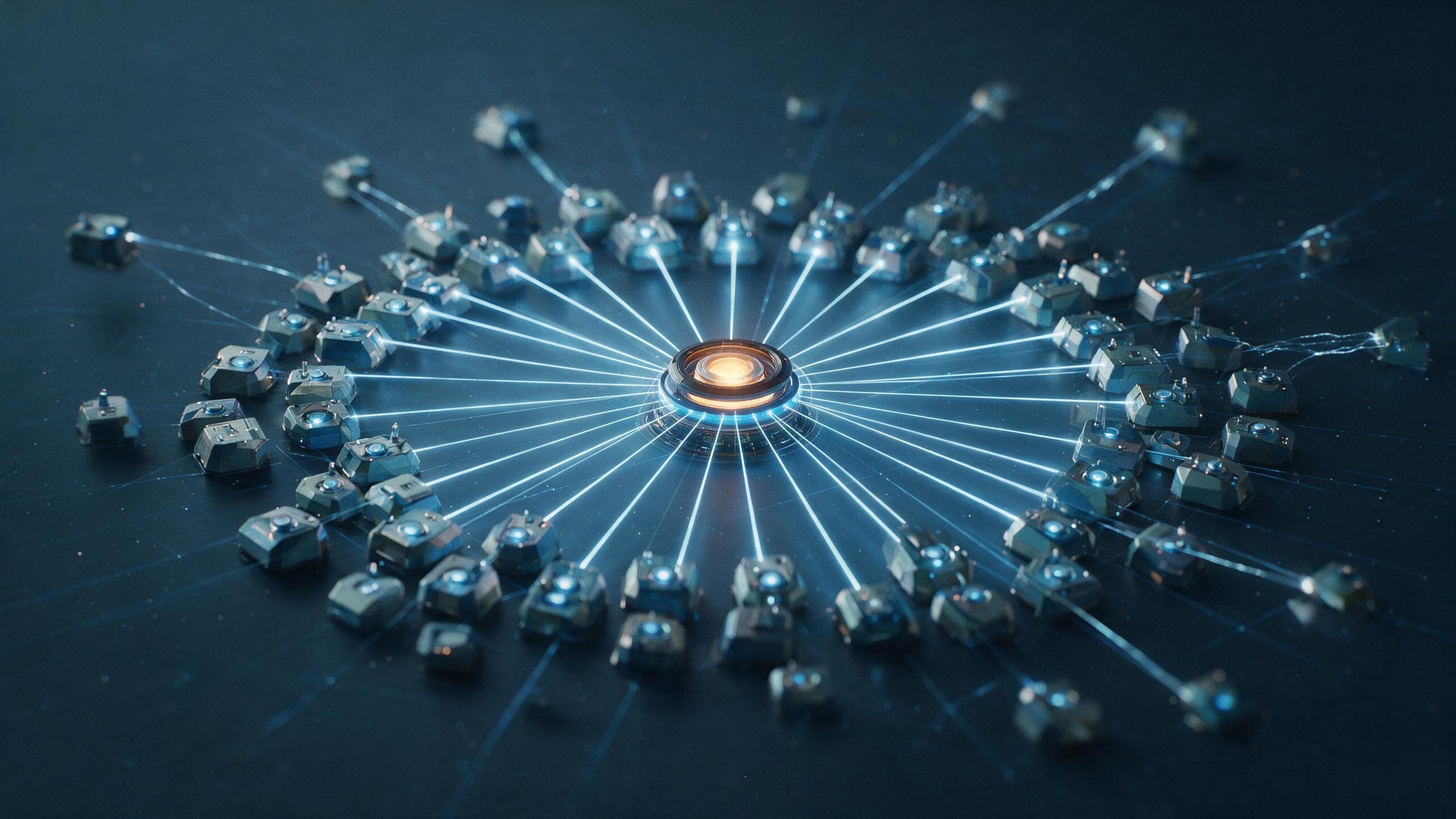 A single central point of attention connected to many autonomous units, the outermost connections stretched thin and fading