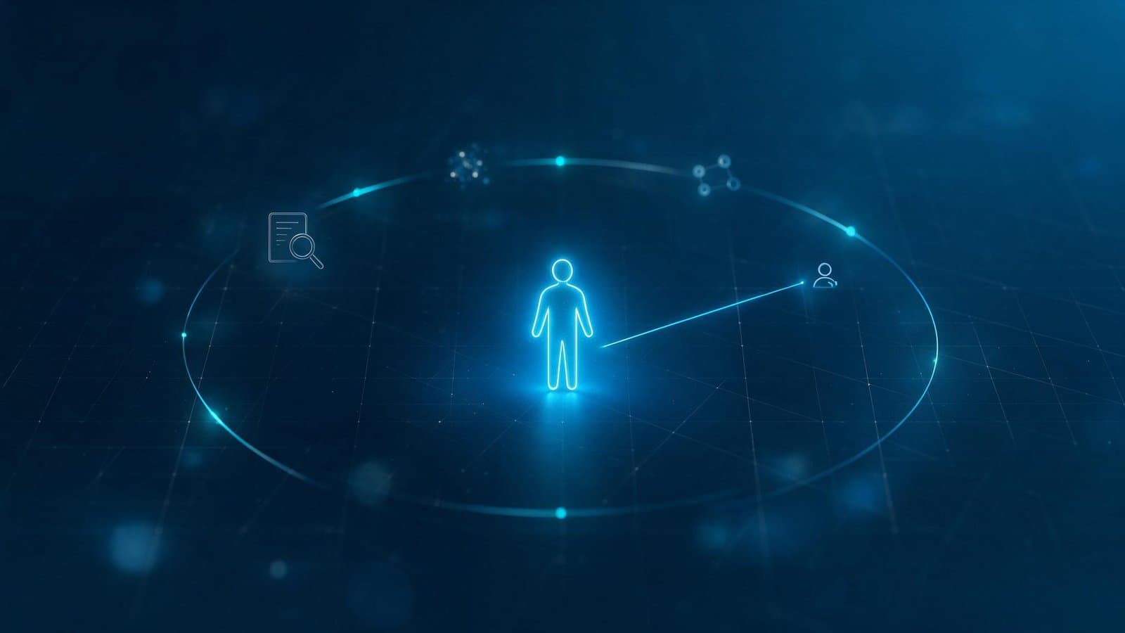 Informed buyer surrounded by research, AI, and peer signals, connected by a single line to a distant advisor
