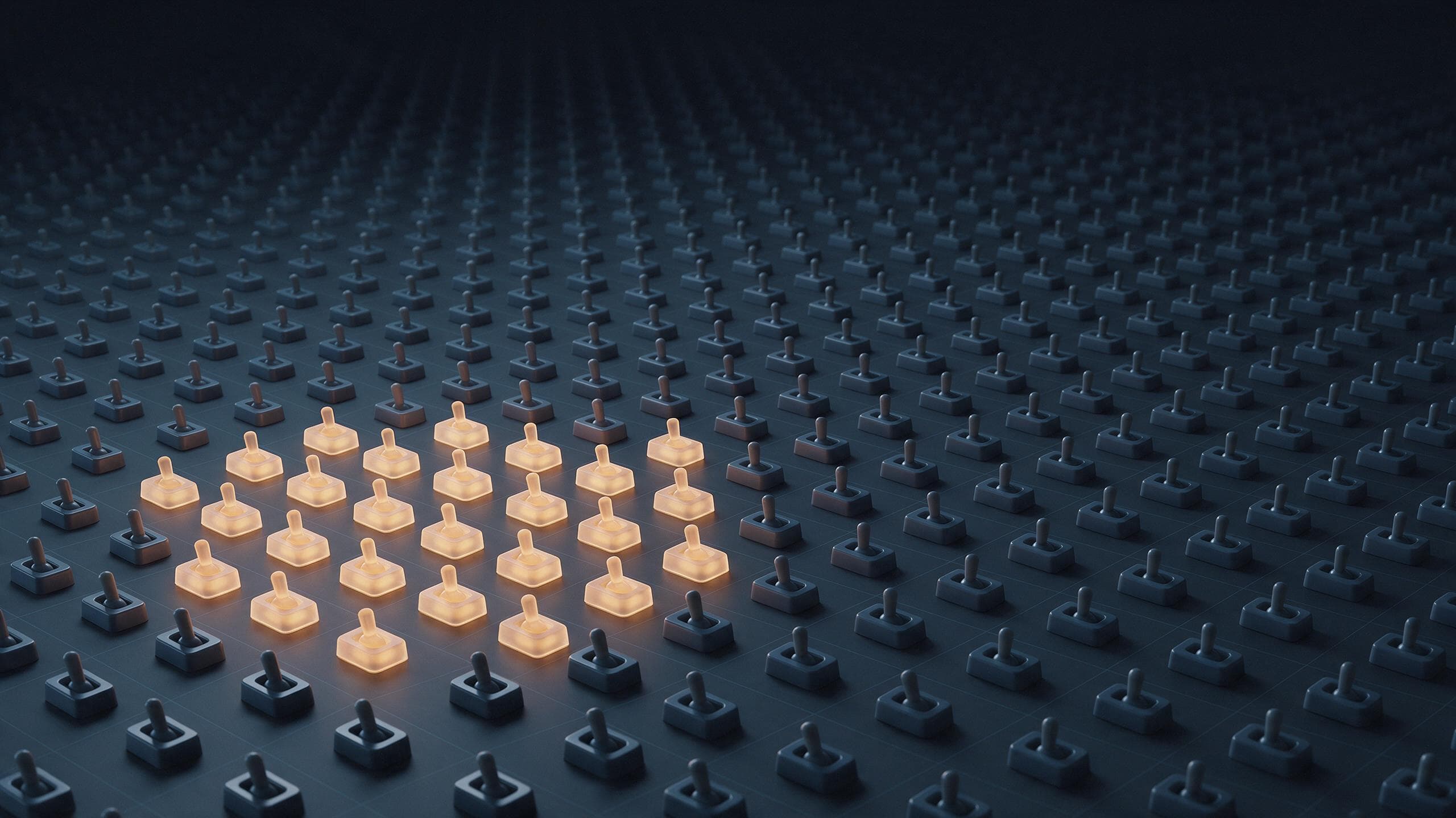 A small illuminated cluster of switches glowing amber in the foreground of a vast grid of thousands of identical unlit switches receding into darkness