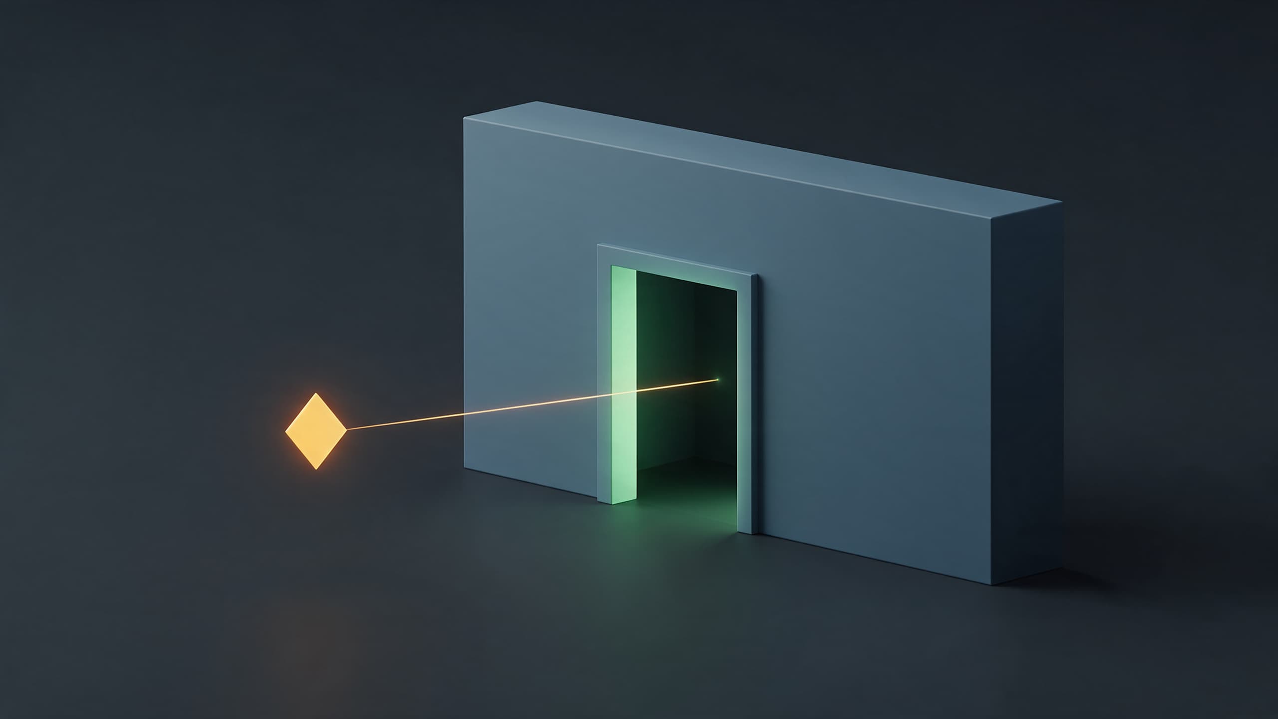 A blue-grey storefront module with a glowing green gateway, connected by a thin line to a separate glowing amber diamond-shaped node representing an external agent