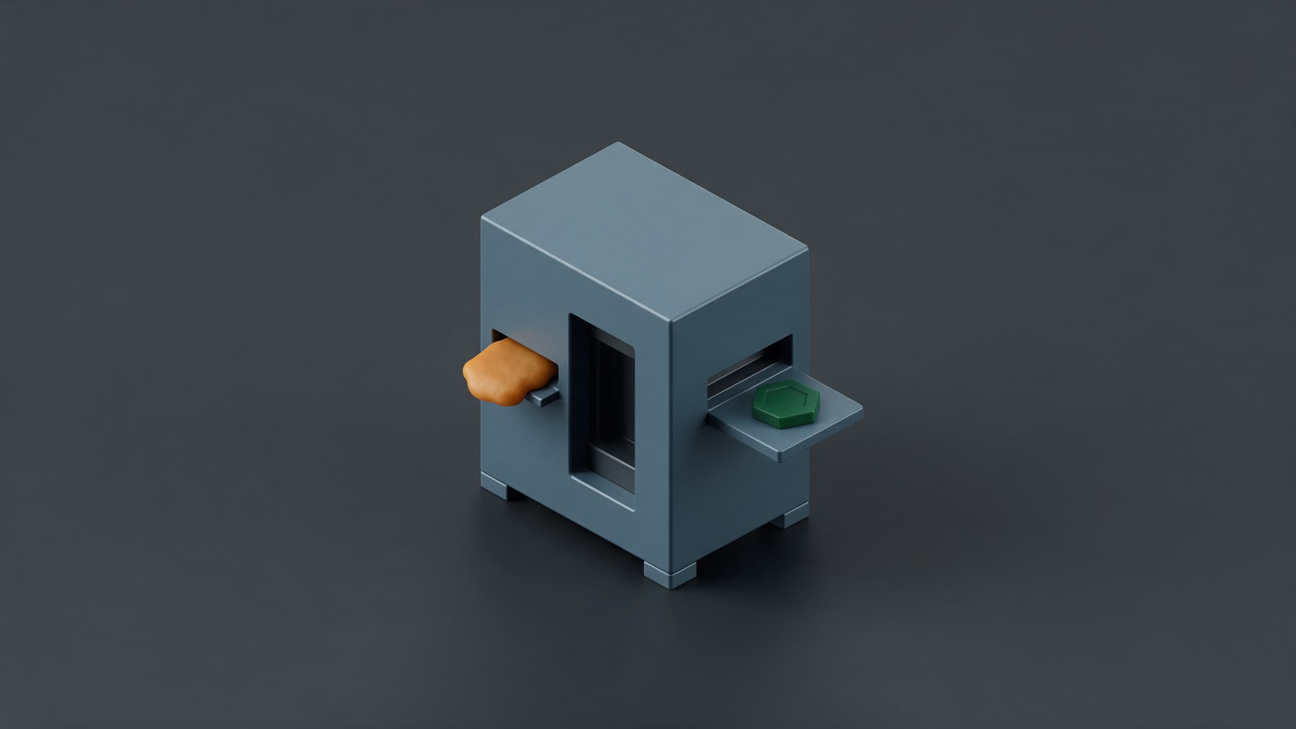 A blue-grey minting press module taking in a raw, irregular amber blob on one side and stamping out a clean green hexagonal token on the other