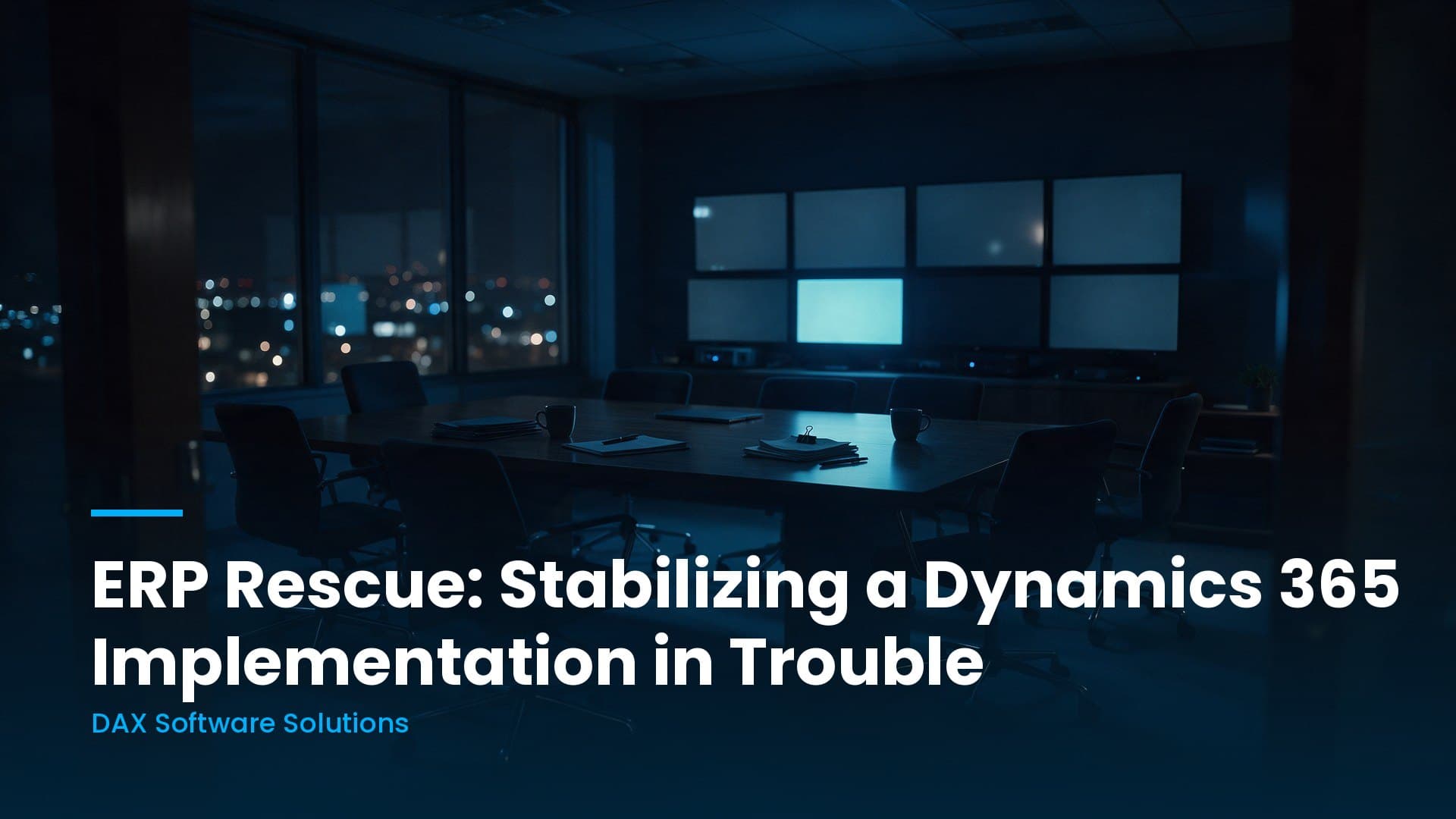 An empty enterprise program room at night with chairs pushed back and a single screen still lit
