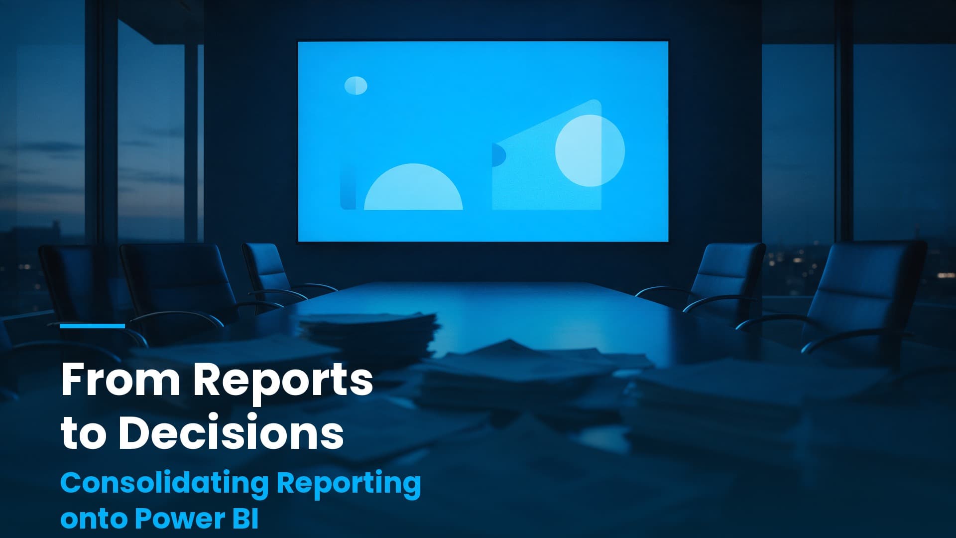 Empty boardroom at dusk with scattered printed reports on the table and a single consolidated dashboard on the wall display