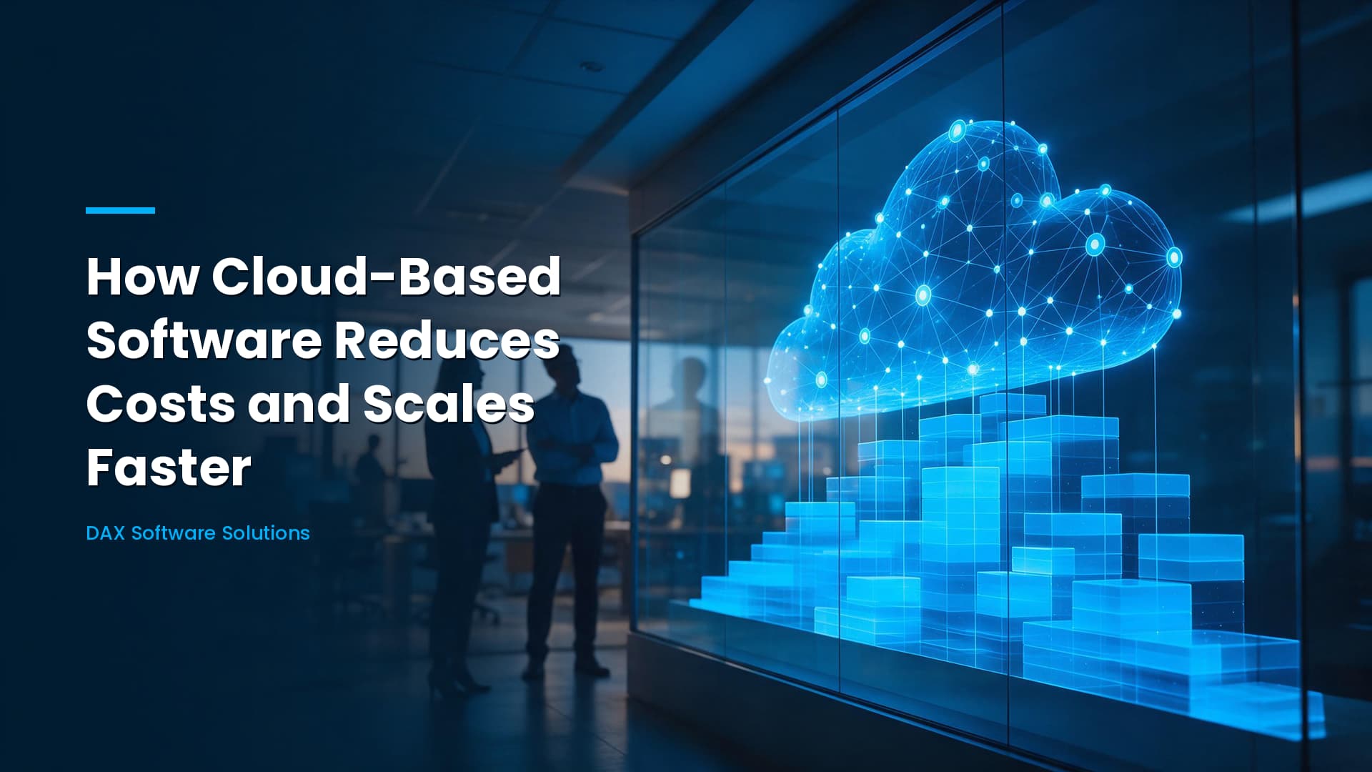 Executives reviewing a glowing blue cloud infrastructure diagram with ascending capacity blocks on a large office display
