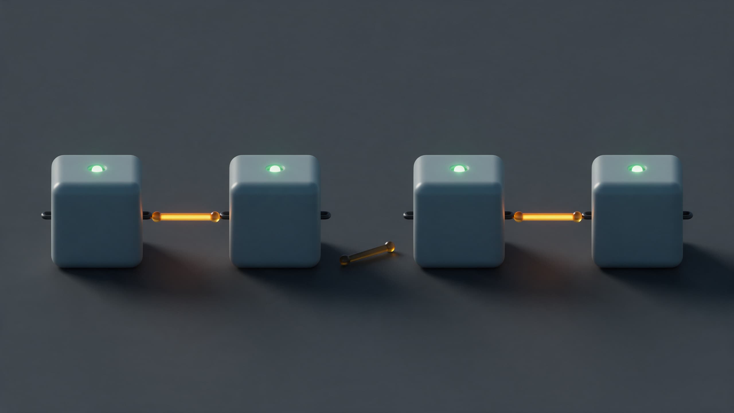 Four connected geometric modules each show a steady green indicator light, joined by two glowing amber connector rods, while a third amber rod lies dropped and dim in the gap between two of the modules