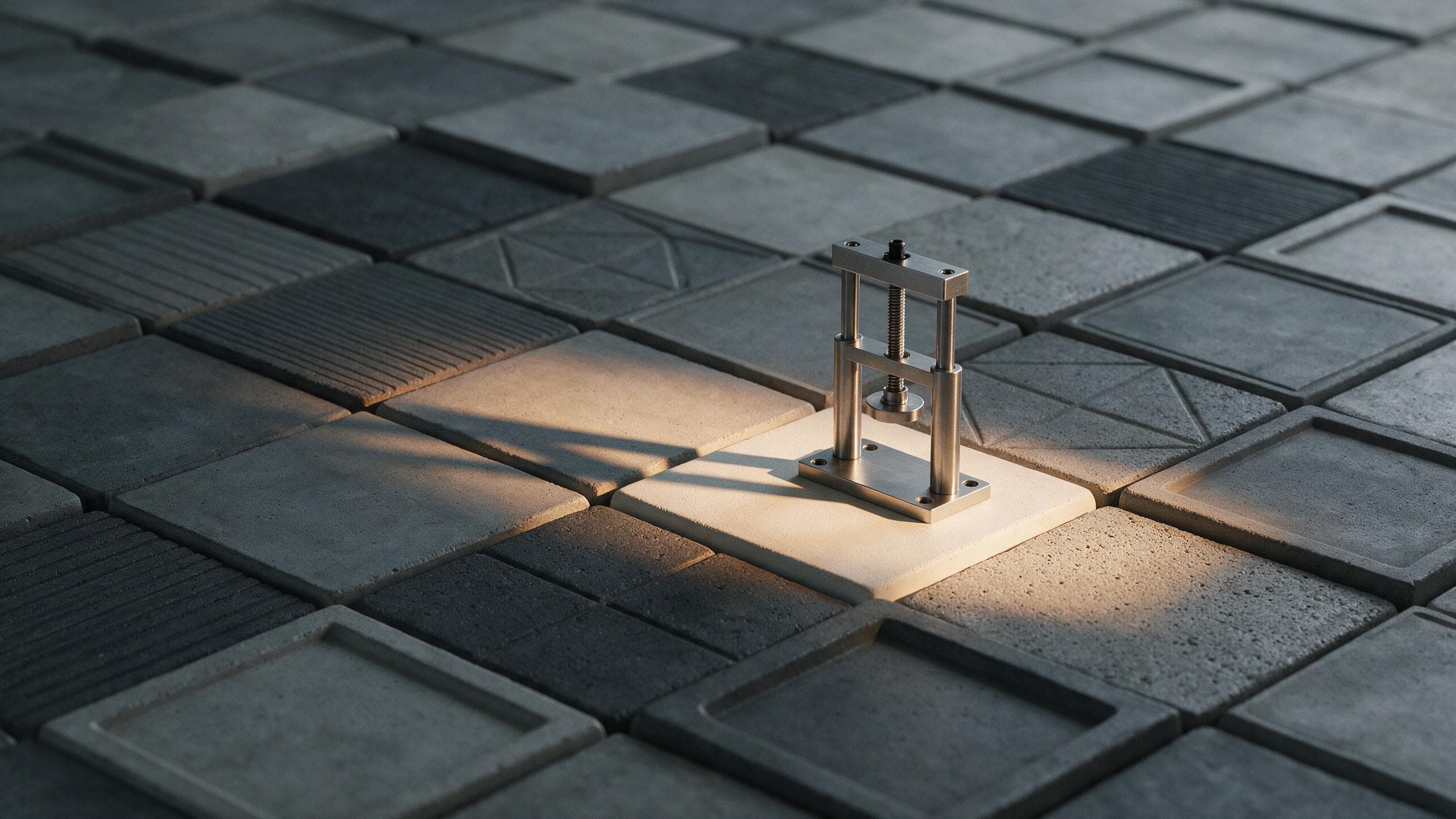 A precisely machined steel test rig seated flush on one lit tile within a wide grid of tiles that are all visibly different in finish and depth