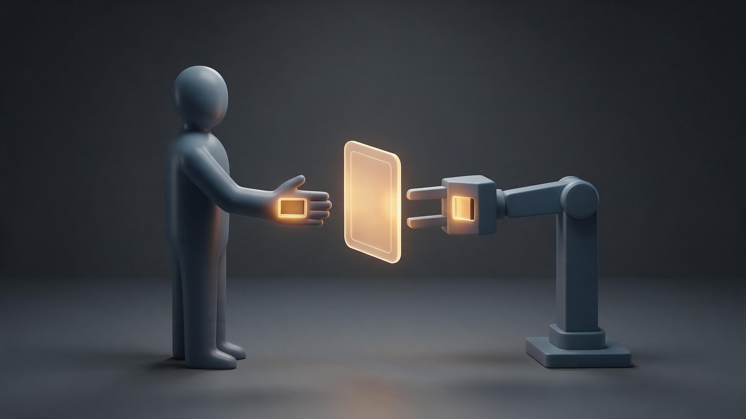 A human silhouette and a robotic arm both reach toward a shared glowing credential badge, each fitting into a matching receiving slot, showing the same access token accepted equally by both