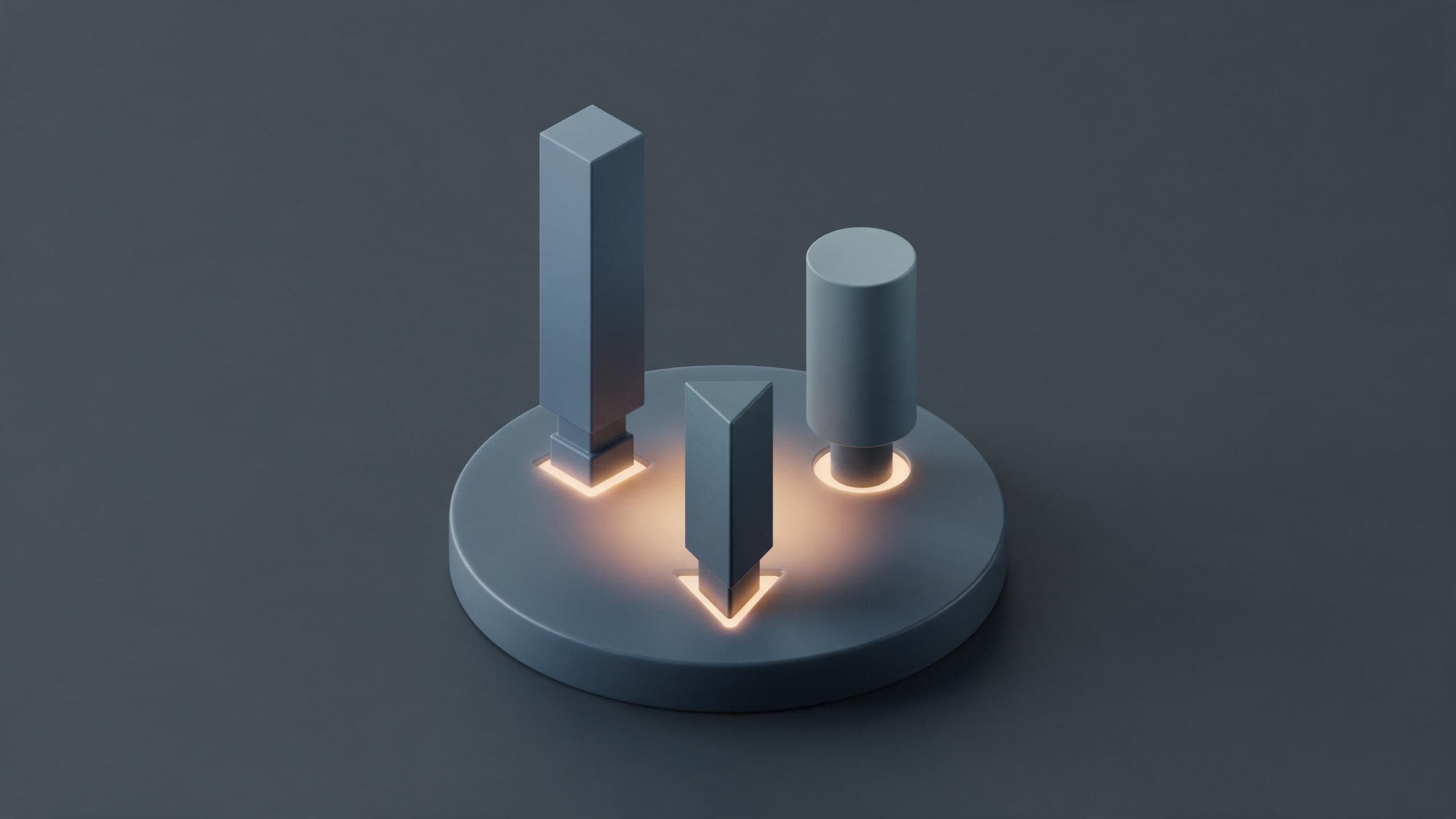 Three geometric pillars of different shapes and heights, each plugging into its own socket on one shared circular base plate, which glows amber only where the three connect
