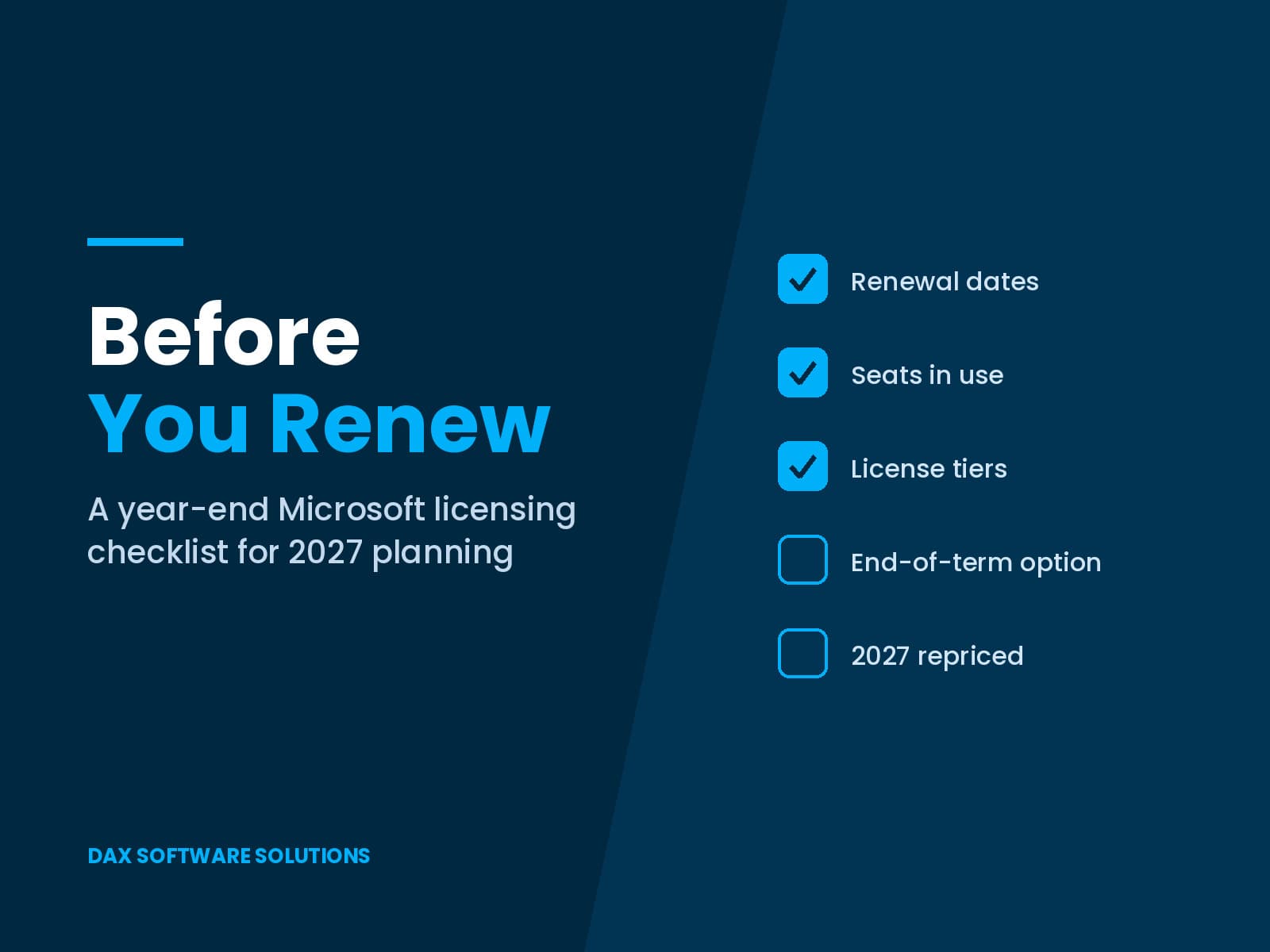Before You Renew: a year-end Microsoft licensing checklist for 2027 planning, with renewal dates, seats in use and license tiers ticked off